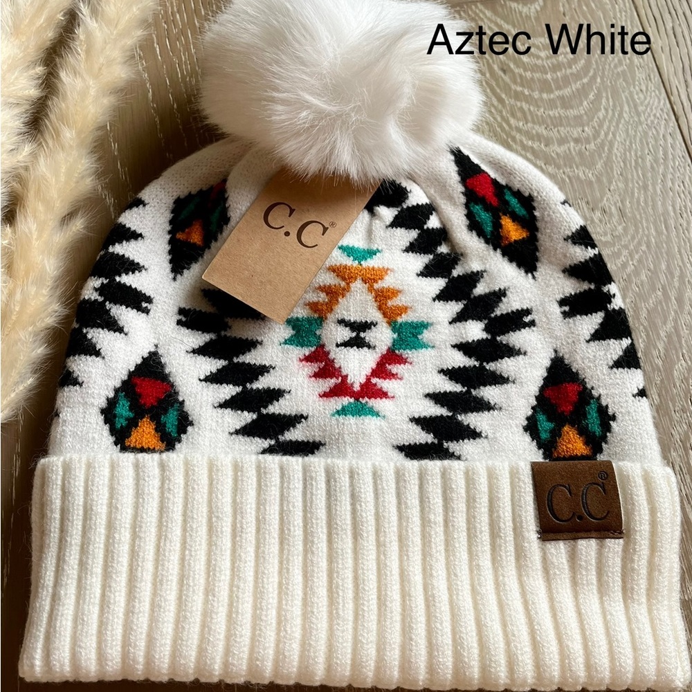 Womens C.C Exclusive Soft Aztec Southwest Pattern Beanie Hat With Faux Fur Pom🤎 - Picture 5 of 8